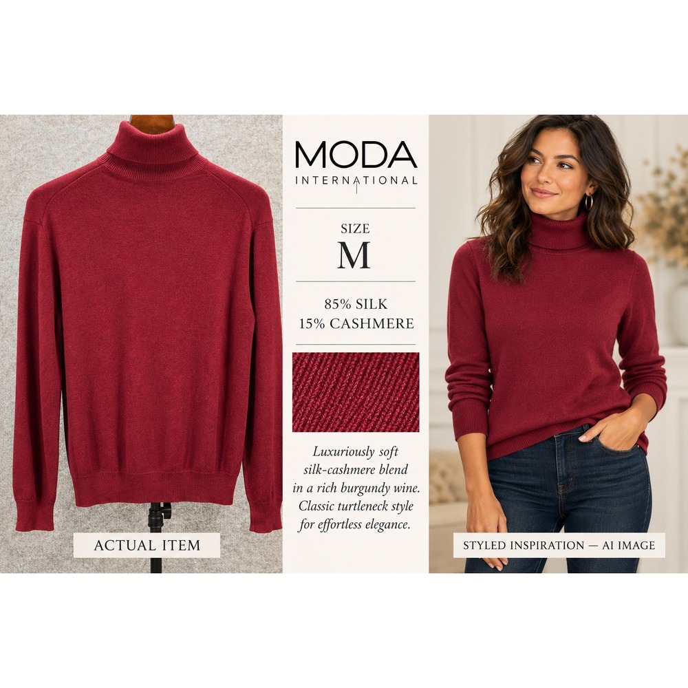 Moda International Turtleneck Women Silk Cashmere Burgundy M Excellent Elegant